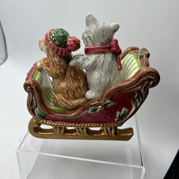 1995 Fitz & floyd Christmas dog And cat salt And pepper shakers In sleigh / vint - Picture 3 of 8